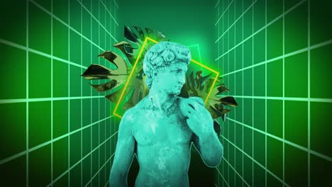 animation of antique sculpture bust with glitch moving over grid on multi coloured background