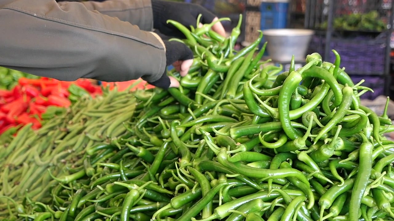 Person Sorting Fresh Green Chili Peppers at a Market Stall