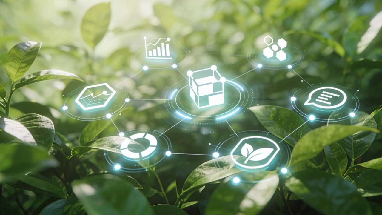 Rete fluttuante che pulsa, rivelando icone di foglie e cubi sopra le piante, mentre la telecamera si concentra mostrando dati ecologici.