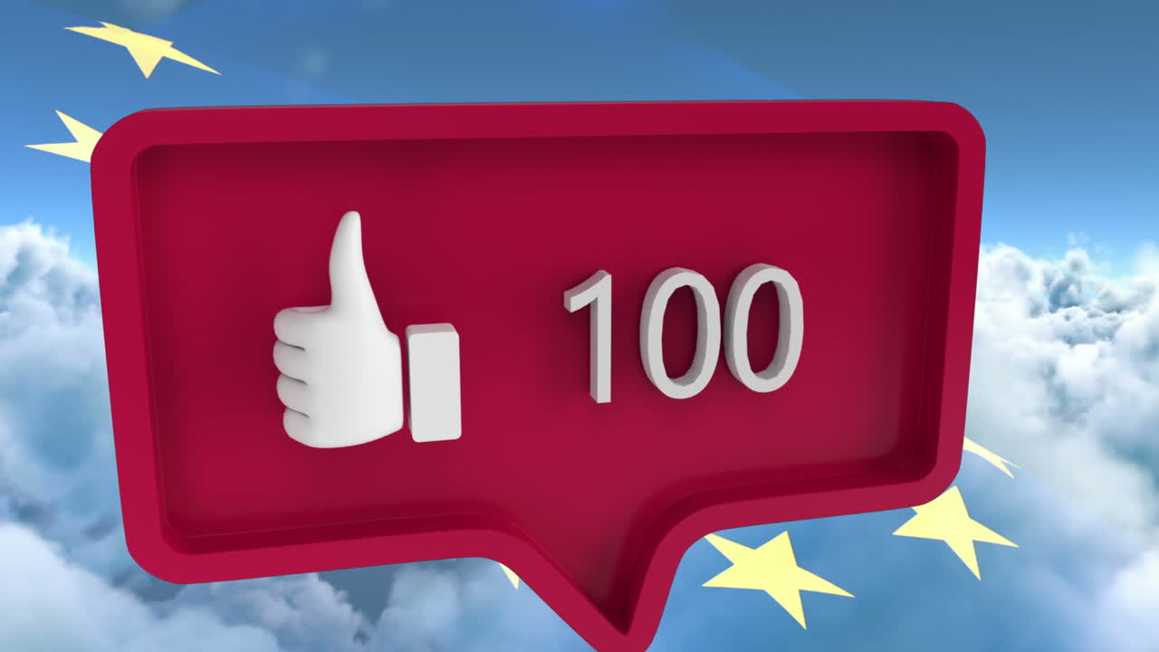 animación de burbuja de habla con números e iconos similares sobre la bandera de la unión europea