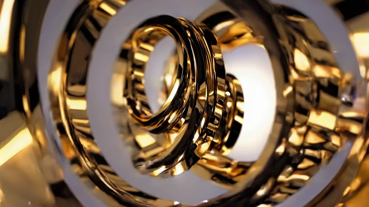Video astratto di anelli a spirale dorati con un angolo ravvicinato, che mette in mostra uno stile moderno e lussuoso