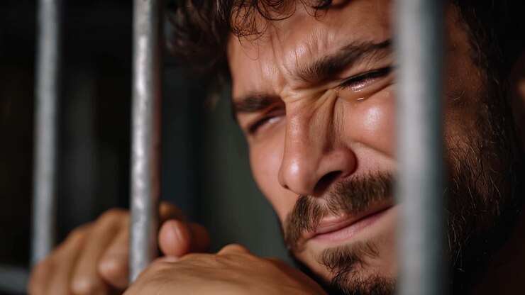 Man weeps behind prison bars, gripping bars tightly. His face shows deep sorrow, eyes glisten with tears. He looks weary, trapped, overwhelmed by emotion. This powerful moment captures isolation