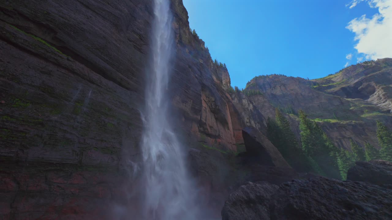 Telluride Bridal Veil Falls Waterfall Colorado landscape pan down motion mist spray Box Canyon view wind cliffside 4wd hiking Black Bear Pass Board blue sky USA pond swim powerhouse summertime cool