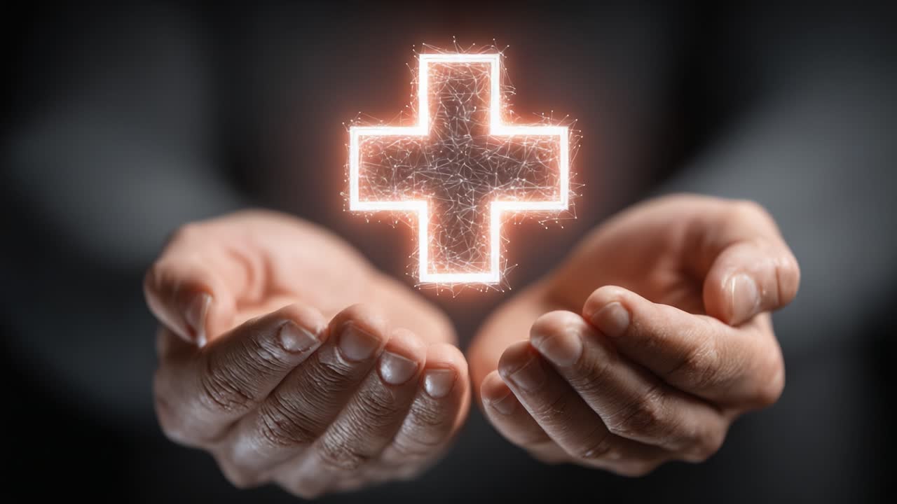A Symbol of Health and Care: Hands Holding a Glowing Cross Representing Medical Support and Compassion in a Digital World