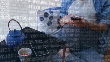 animation of data processing over a pregnant woman sitting on a couch