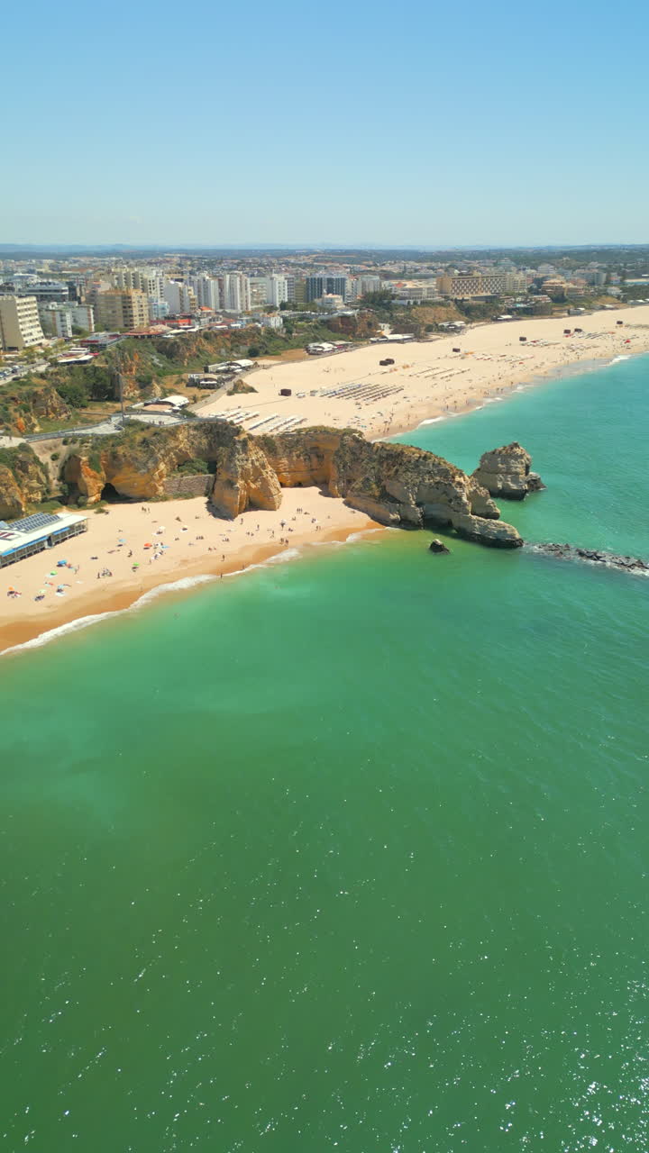 Vertical Aerial View of Praia da Rocha Beach, Golden Cliffs, Portimão