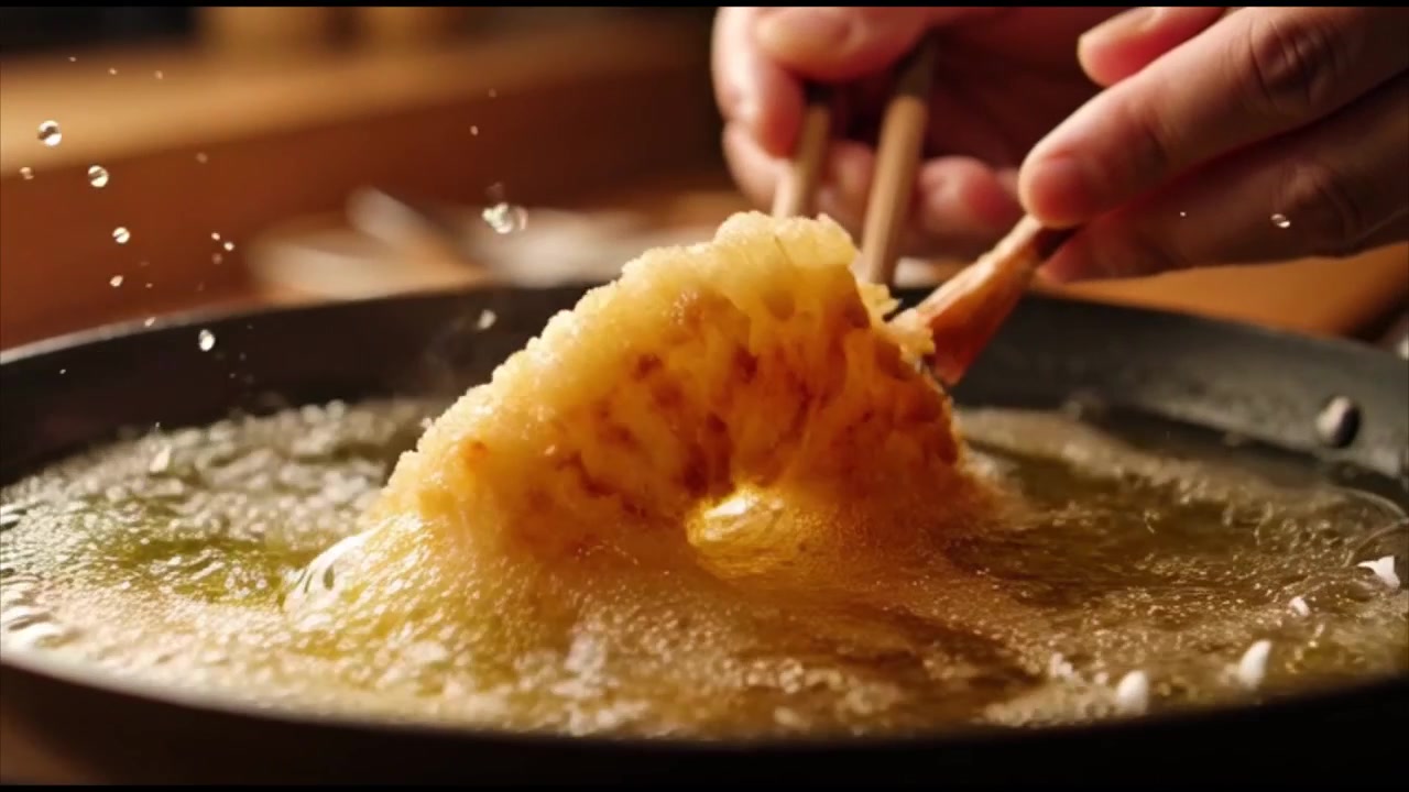Chef che frigge gamberi in tempura nell'olio bollente