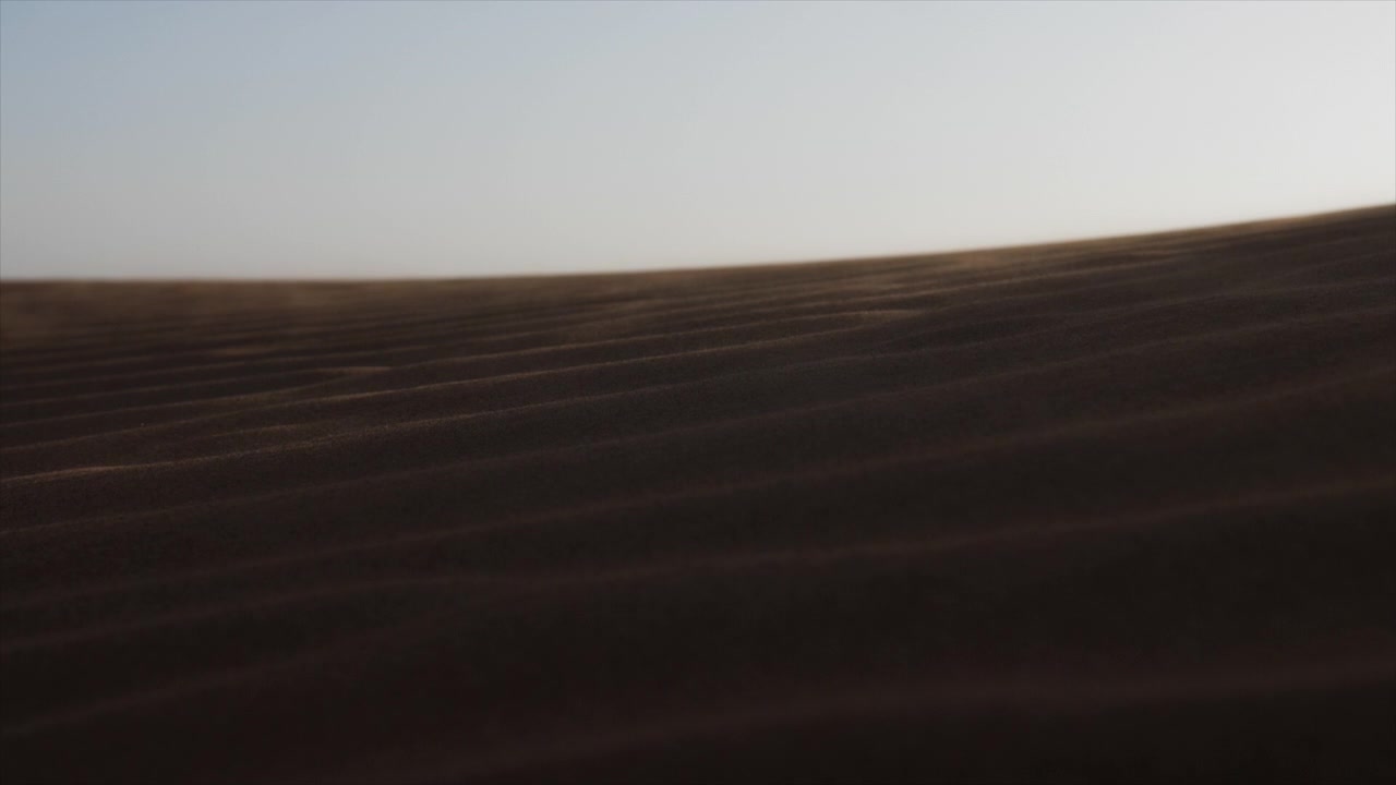 Primo piano di sabbia trasportata dal vento al rallentatore in un'area desertica del Medio Oriente. Sabbia che si solleva al rallentatore in un deserto. Paesaggio desertico mediorientale vicino a Dubai negli Emirati Arabi Uniti.