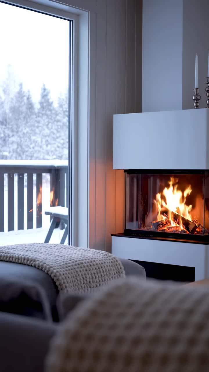 Cozy fireplace scene with a snowy view, captured from a low angle