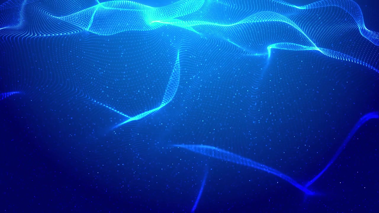 Immagine di superficie blu punteggiata fluida con onde a maglie ciano, profondità di particelle morbide e digitale futuristico