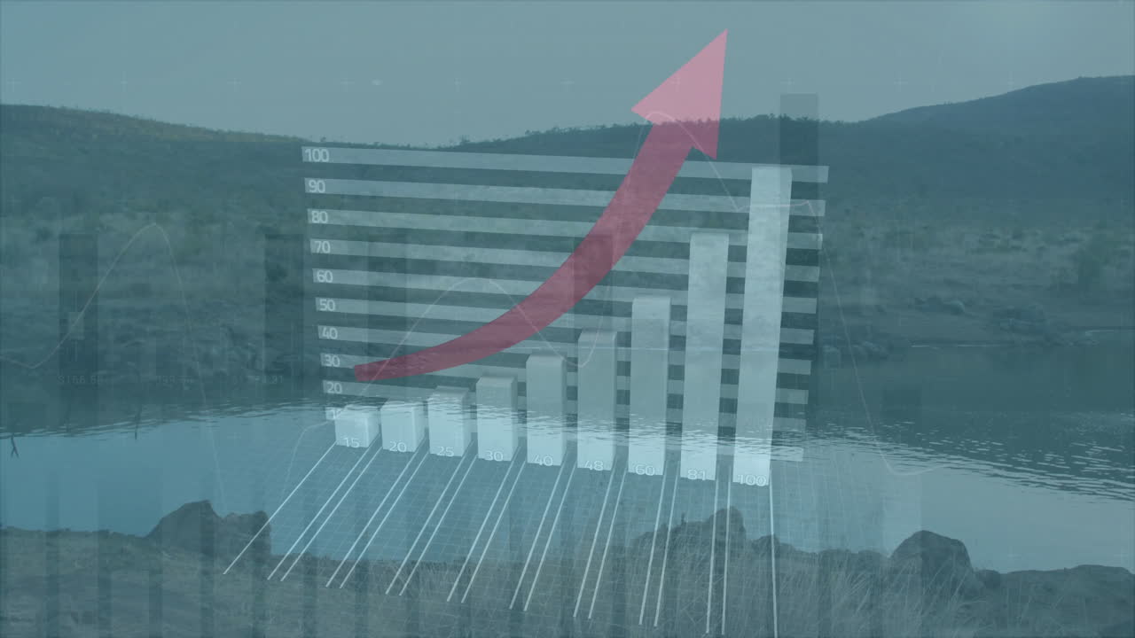 Semi-transparent 3D bar chart rising over lake landscape, showing growth with red arrow