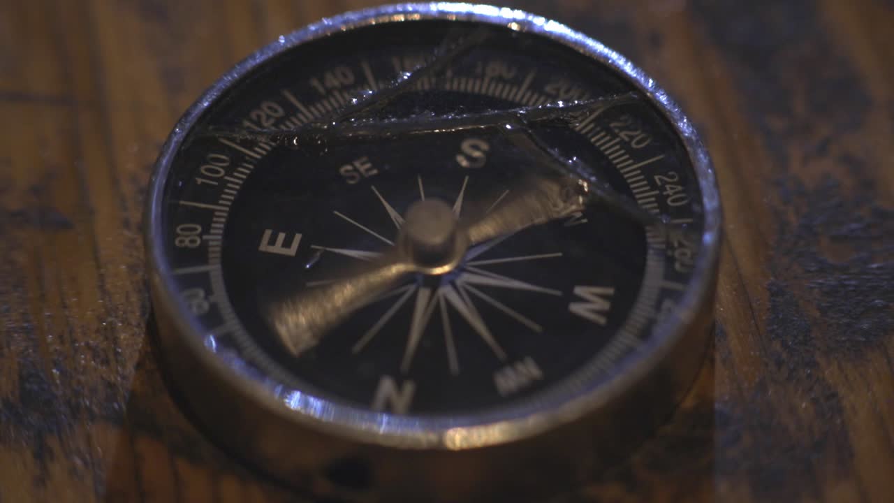 A malfunctioning compass with broken glass cover- Close-up shot