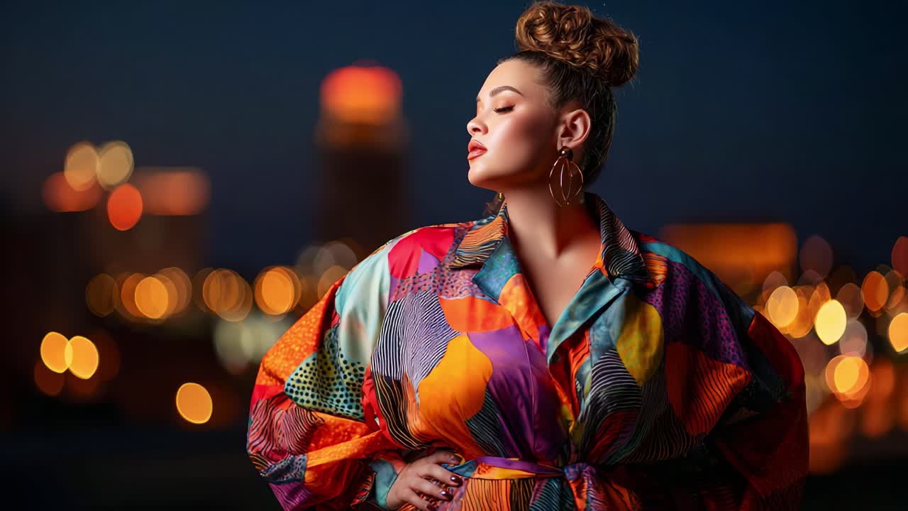 Stunning Portrait of a Fashionable Model Showcasing Vibrant Colors Against a Dazzling Cityscape, Exuding Confidence and Style in the Evening Glow