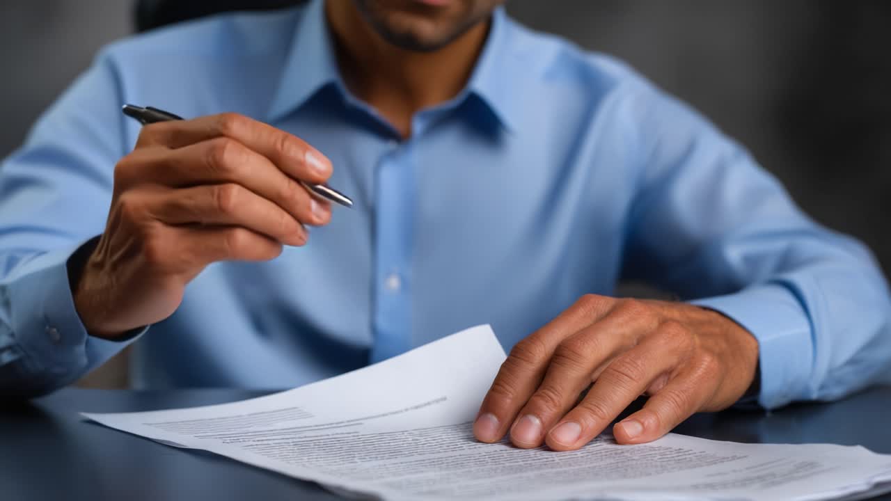 A focused individual diligently signing important documents with a pen, illustrating the commitment and attention to detail in paperwork and professional responsibilities
