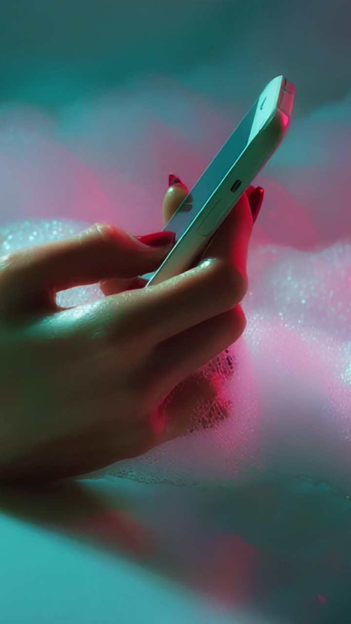 Un vivace primo piano di una mano che tiene uno smartphone in una vasca da bagno piena di schiuma con illuminazione soffusa, che cattura l'intimità della tecnologia moderna e il relax in un'atmosfera serena
