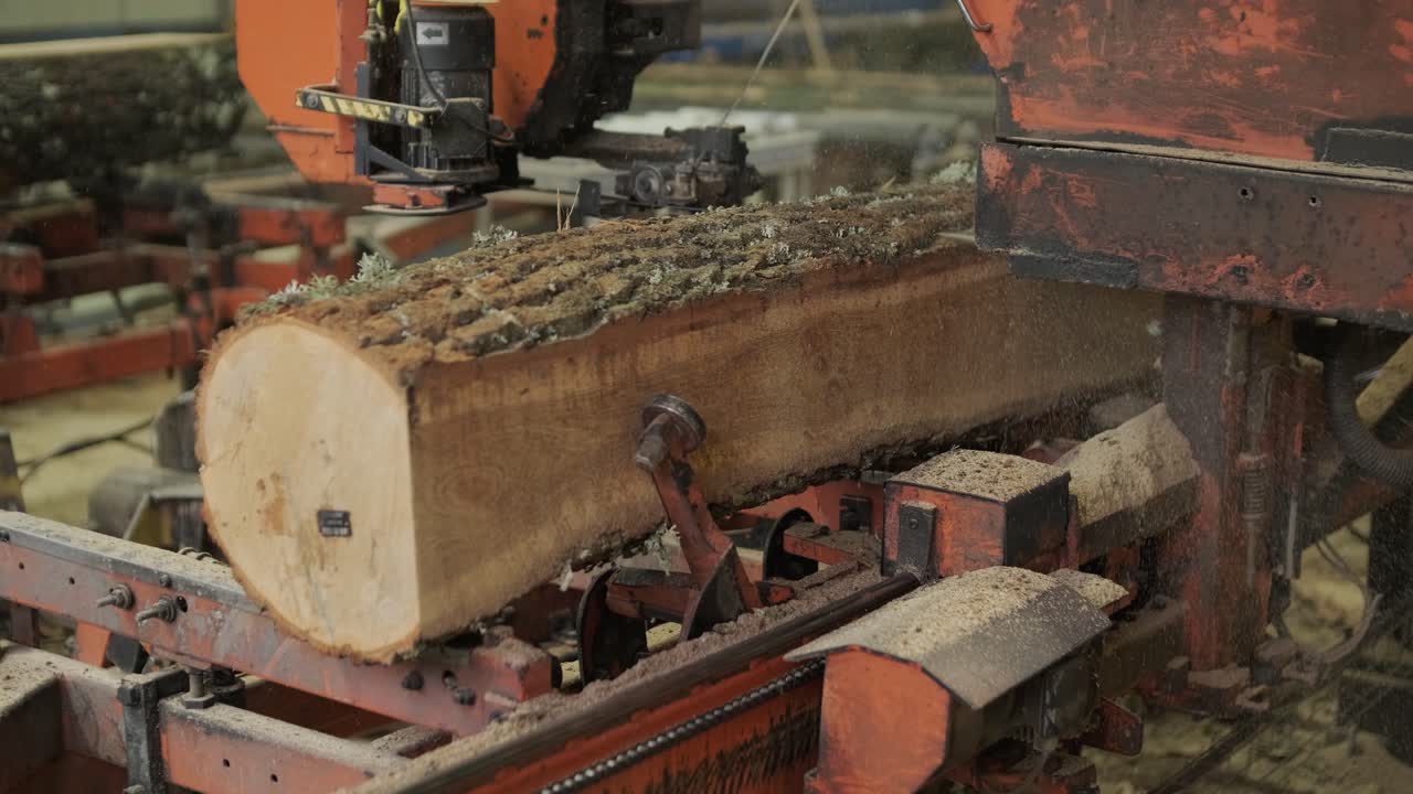 Industriell sagbruksmaskin kutter en stor tømmerstokk