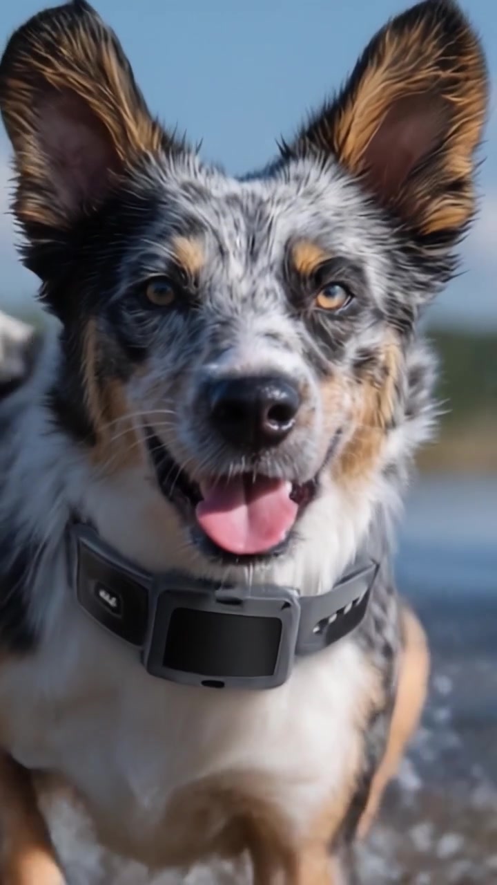 Un cane giocoso sguazza gioiosamente nell'acqua, mostrando il suo pelo vivace e l'espressione piena di gioia, completato da un collare moderno che ne esalta il comportamento giocoso
