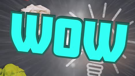 Animation-of-wow-text-in-blue-letters-over-light-bulb-and-scrunched-up-paper-with-glowing-spot