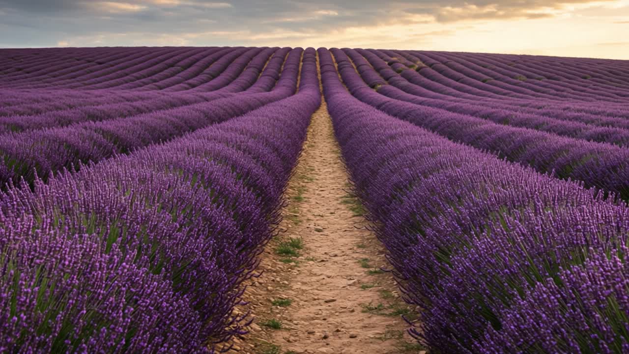 A Breathtaking View of Endless Lavender Fields Under a Golden Sunset, Showcasing the Natural Beauty and Serenity of Nature's Color Palette