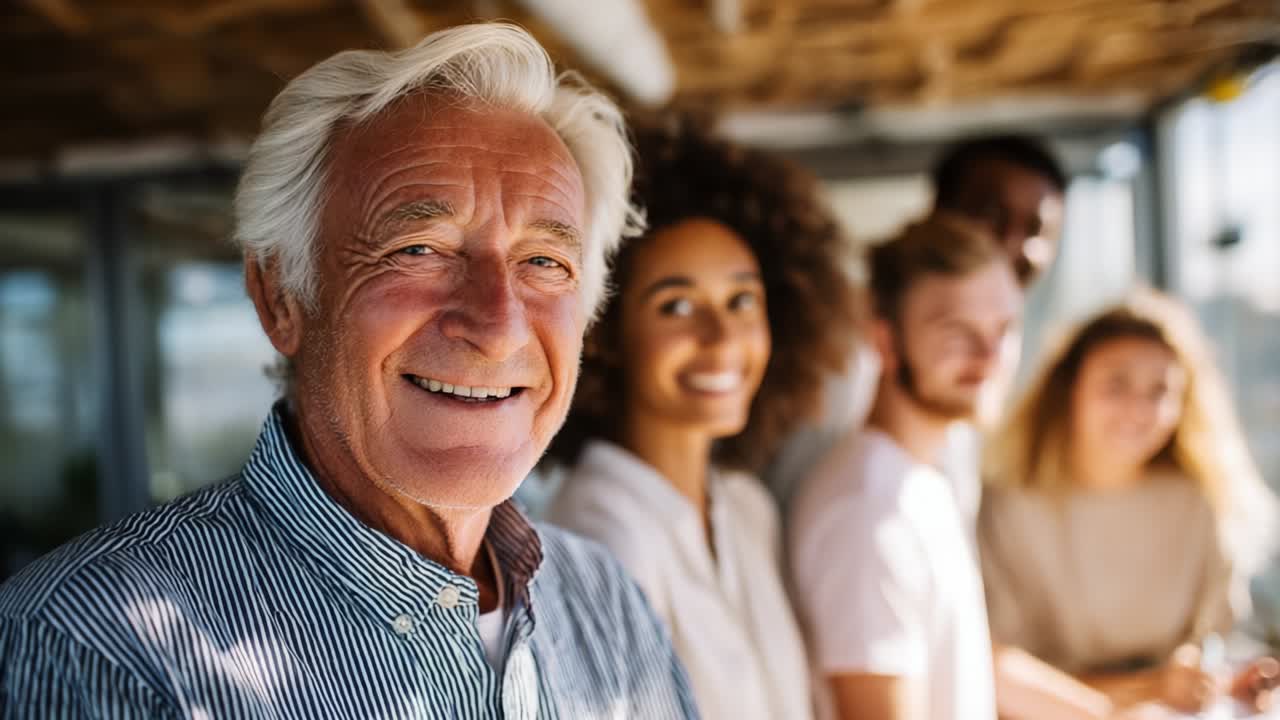 A warm-hearted gathering showcases an elderly man's joyful expression amidst a group of young adults, embodying the spirit of connection and camaraderie in a bright, cheerful environment