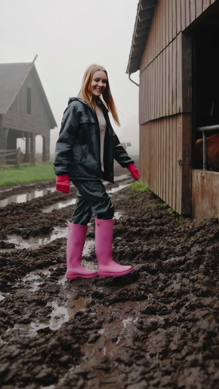 mujer caminando por el barro en una granja