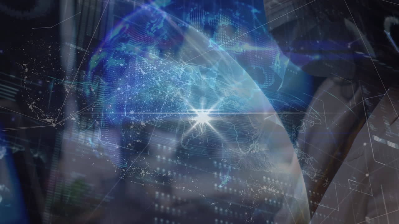 데이터 프로세싱의 애니메이션과 전 세계에 대한 아프리카계 미국인 사업가 여성은 사무실에서 얼굴 마스크를 착용합니다.