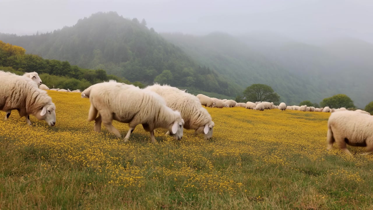 안개 낀 푸른 산 아래 밝은 노란색 야생화 초원에서 흰 양들이 풀을 뜯고 있습니다. 전경의 동물들, 멀리 떨어진 양떼의 줄, 부드러운 안개, 희미한 언덕, 그리고 고요한 전원 풍경 분위기가 어우러져 있습니다.
