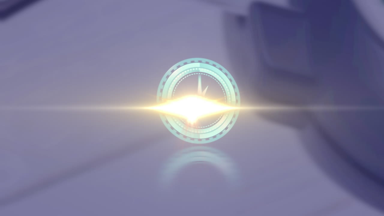 Animation of rotating safe lock with clock over light trail on blurred background
