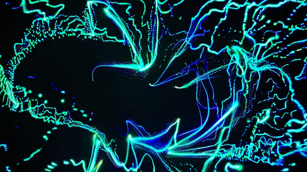 Dynamic abstract video with neon blue and green light trails forming fluid patterns