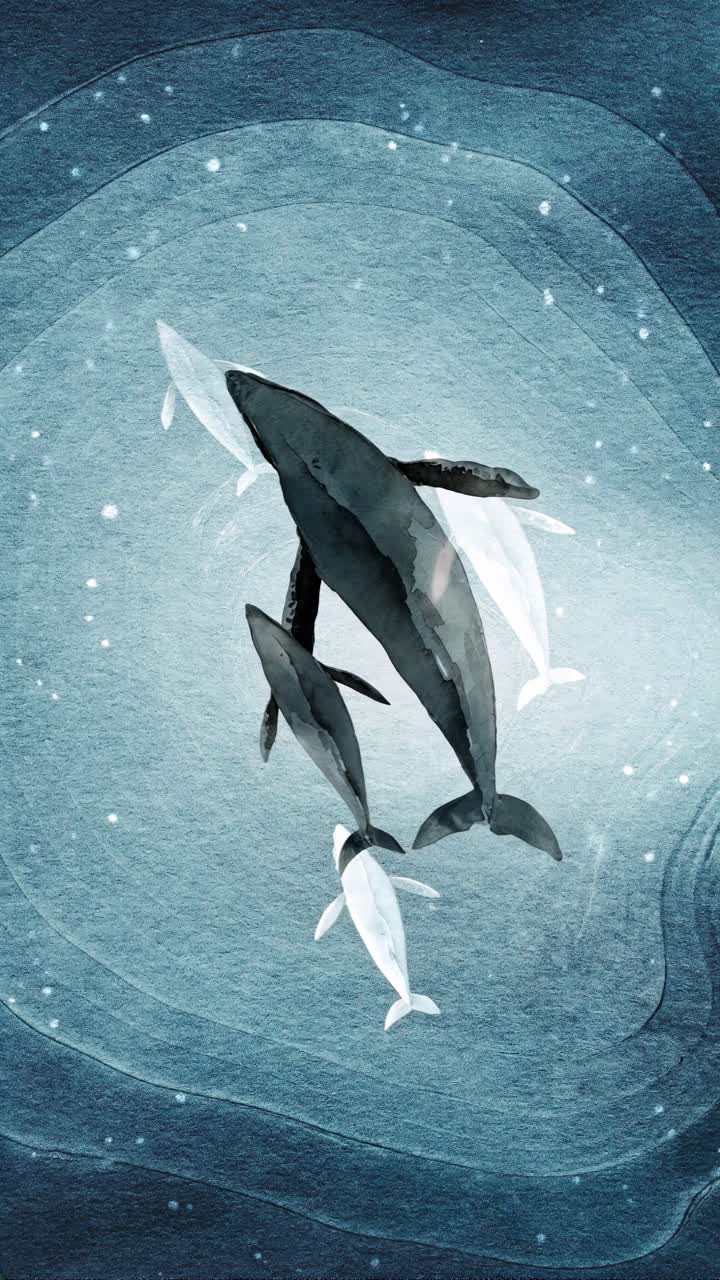 Artistic top-down video style of whales swimming in a dreamy, watercolor ocean