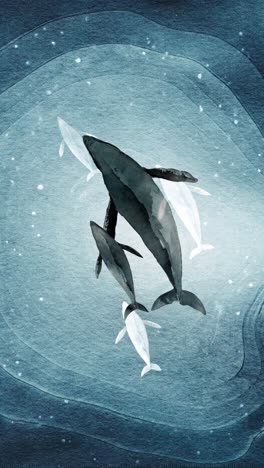 artistic top-down video style of whales swimming in a dreamy, watercolor ocean