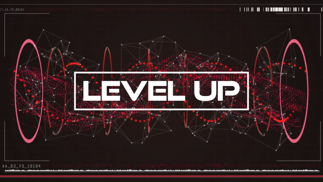 빨간색으로 회전하는 dna 가닥 위에 레벨 업 텍스트의 애니메이션