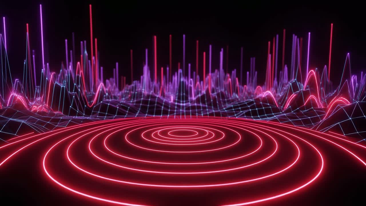 Pulsating Neon Equalizer and Grid in Dark Cyberspace