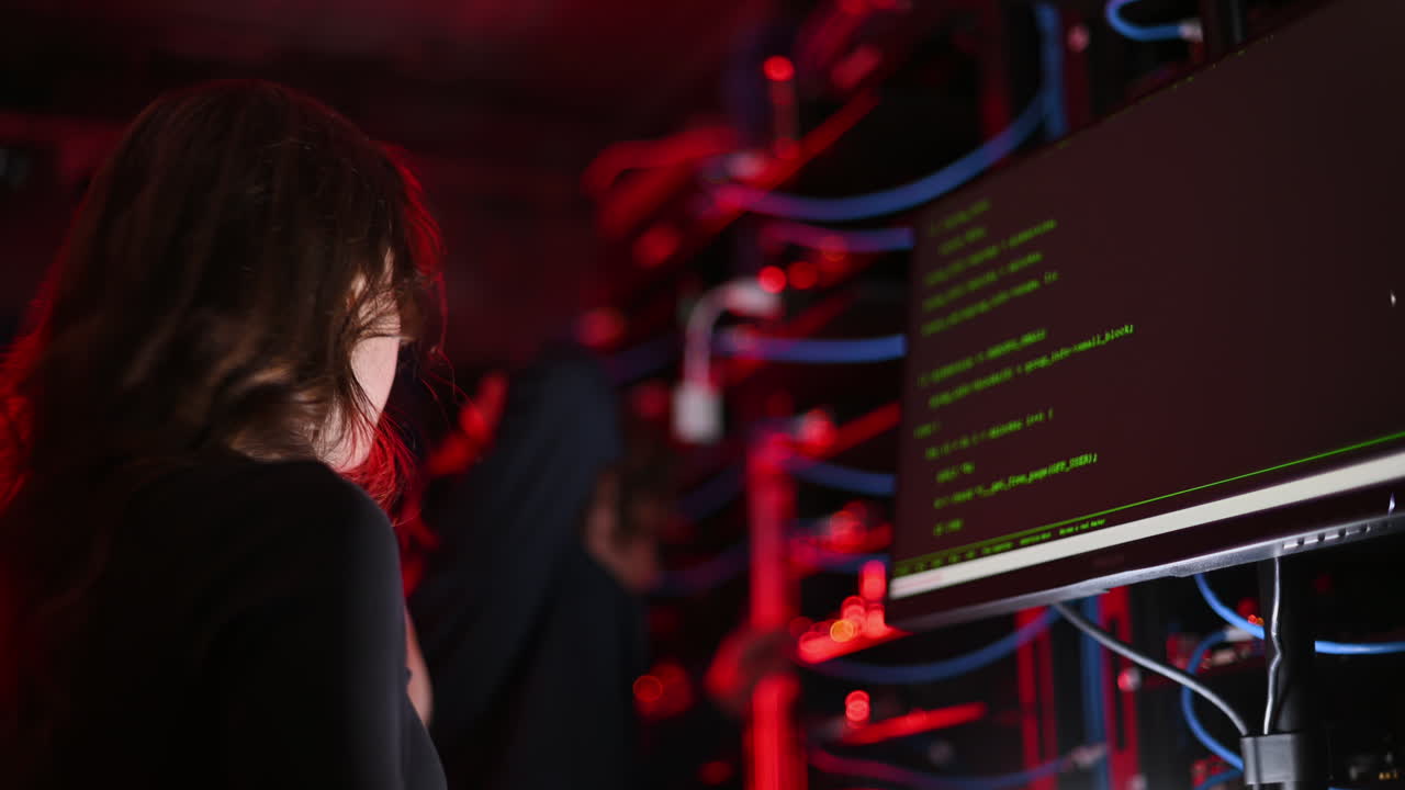 A man and a woman trying to fix an error in a server room with flashing red lights