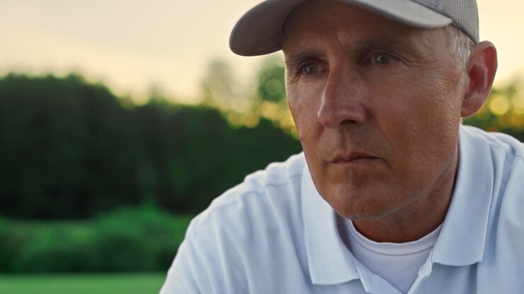 Old sportsman face looking distance on sunset field course. Retirement concept