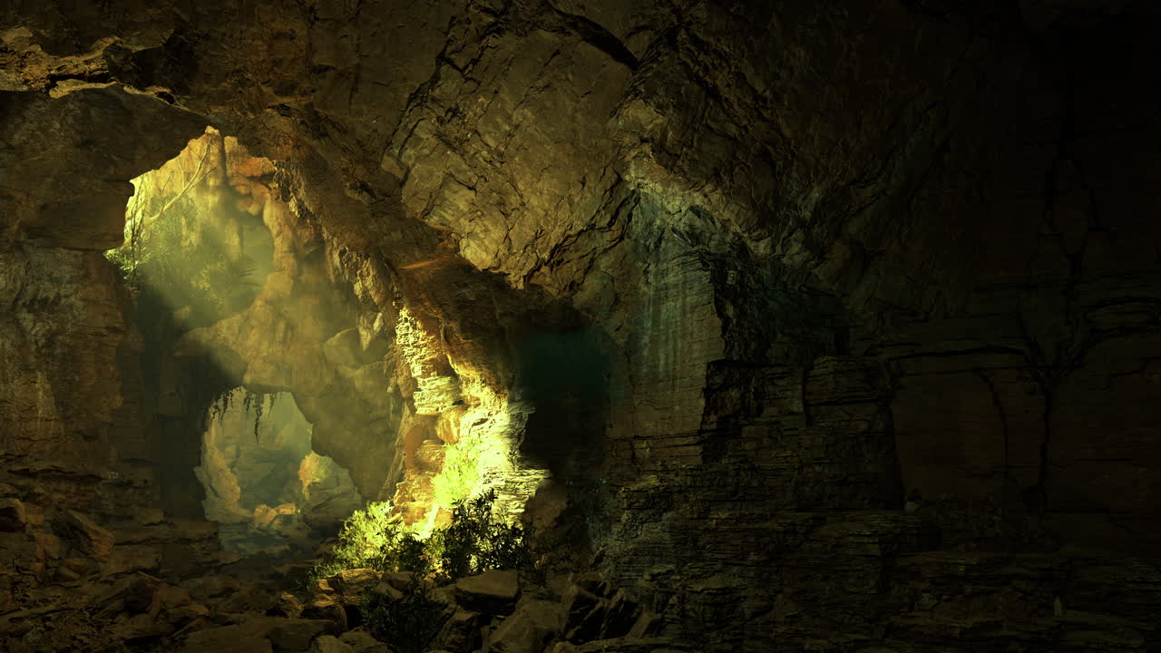 Sunlight streaming into a cave revealing rock formations and greenery
