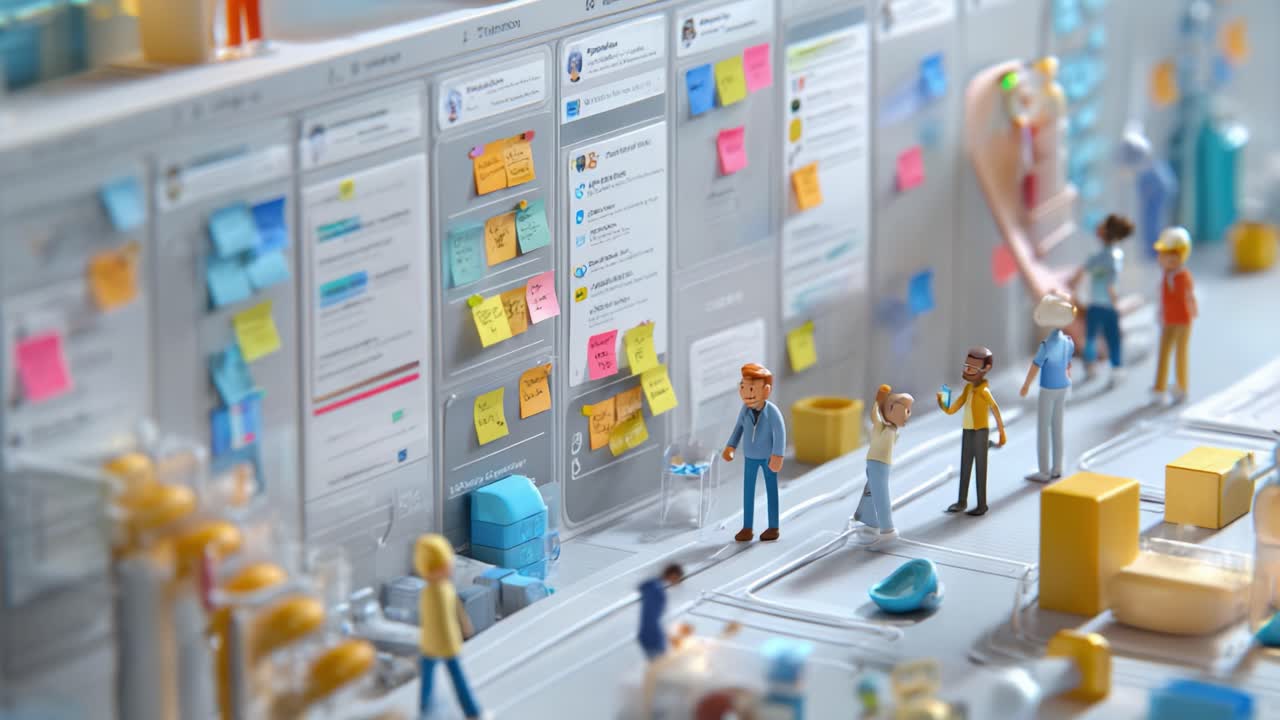 A Colorful Collaboration Scene Featuring Miniature Figures Engaging in Teamwork Around a Digital Interface Filled with Sticky Notes and Workflow Boards, Highlighting Creativity and Organization