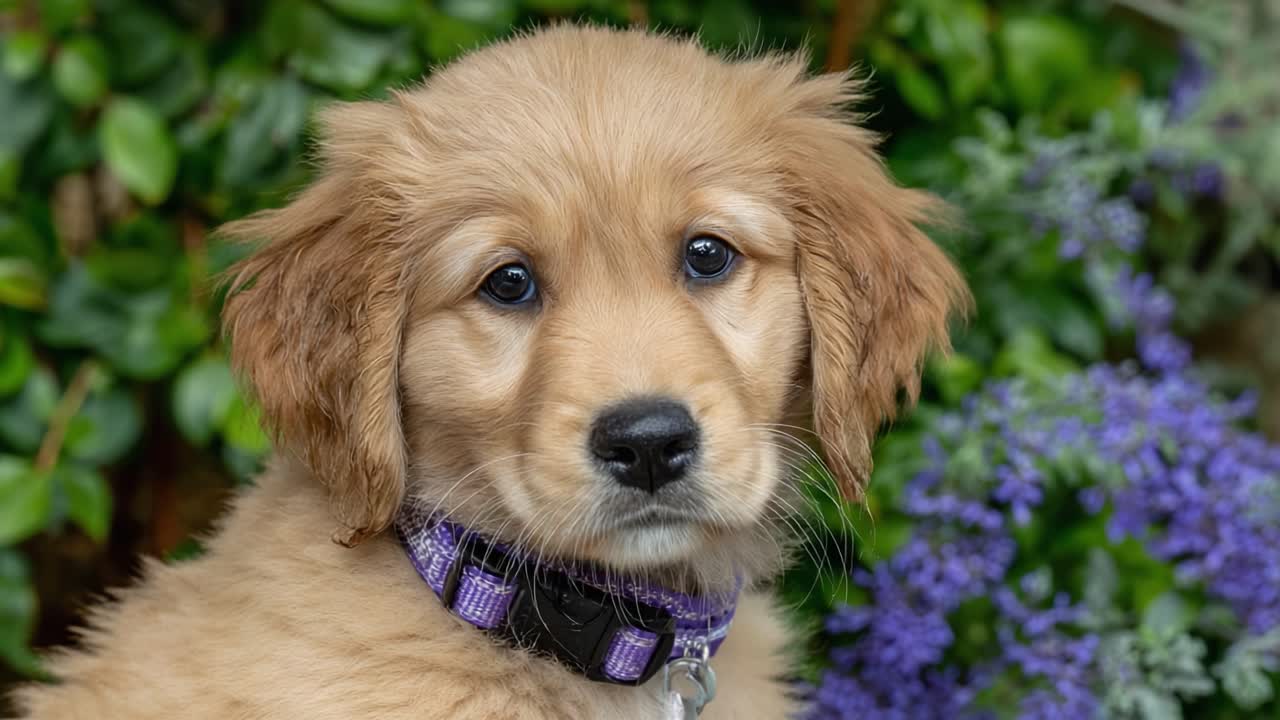 Adorabile cucciolo di Golden Retriever immortalato su uno splendido sfondo floreale, che irradia giocosità e innocenza in ogni fotogramma, mostrando espressioni tenere e un pelo morbido.