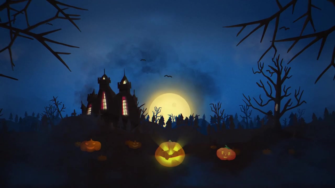 Scena animata di Halloween con casa stregata e zucche luminose