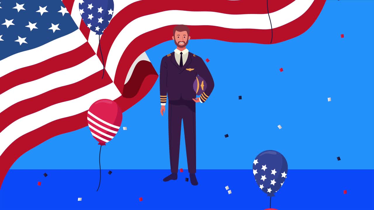 미국 국기와 풍선, 헬, 조종사와 함께 노동절 축하