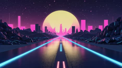 synthwave road to a neon city sunset