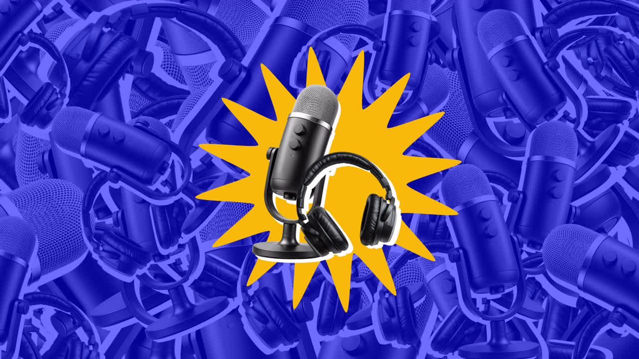 Grafica vivace di microfono da podcast e cuffie