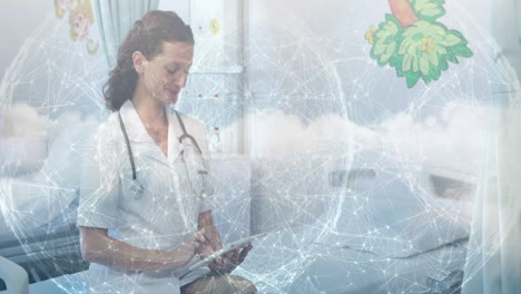 healthcare nurse tapping tablet in pediatric ward, showing digital network graphics, cartoon decals