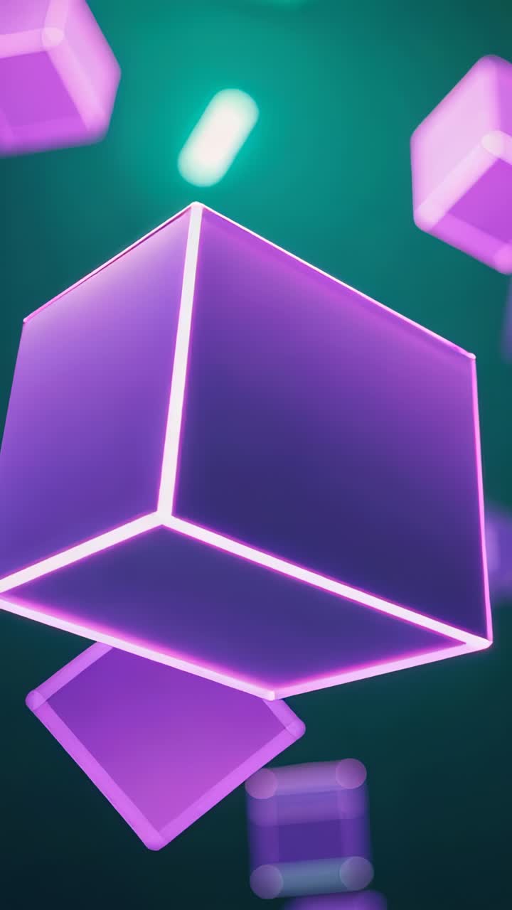 Vertical video: Rotating neon-outlined cube, purple-teal cubes drifting over dark green backdrop