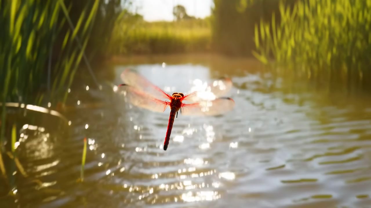 A red dragonfly hovers above shimmering wetland water, with tall green reeds framing the scene and warm sunlight reflecting across the calm surface