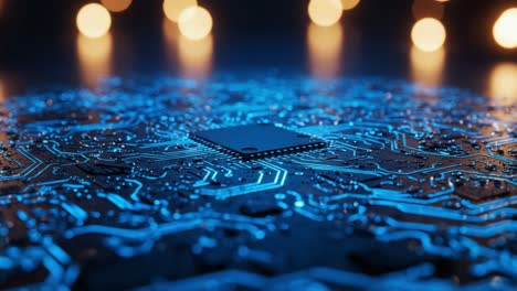 an in-depth exploration of a circuit board with a microchip surrounded by illuminated bokeh selectively highlighting its intricate details and advanced technology