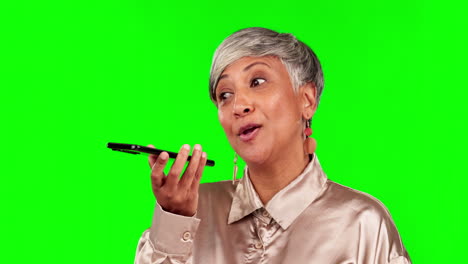 phone, voice note and senior woman on green screen