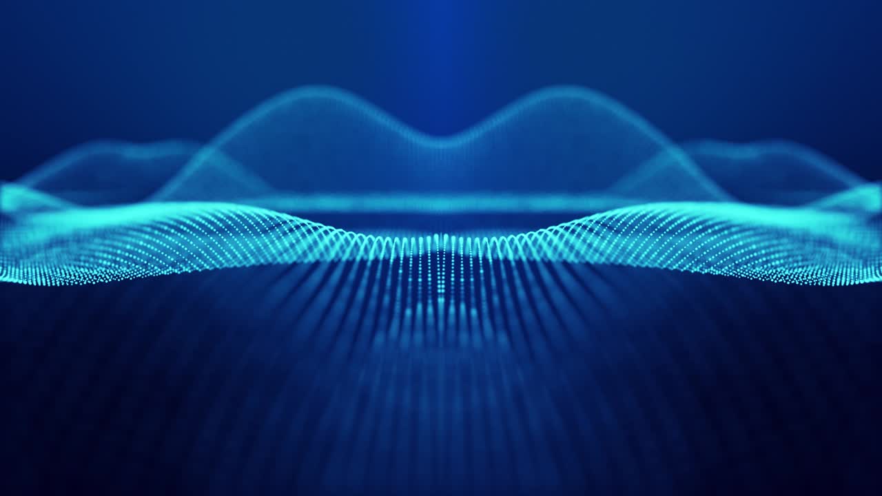 Sci-fi abstract theme with particle waves. 4k looped abstract blue background of glow particles form curved lines, surfaces simmetrical structures. Digital background with particle hologram.