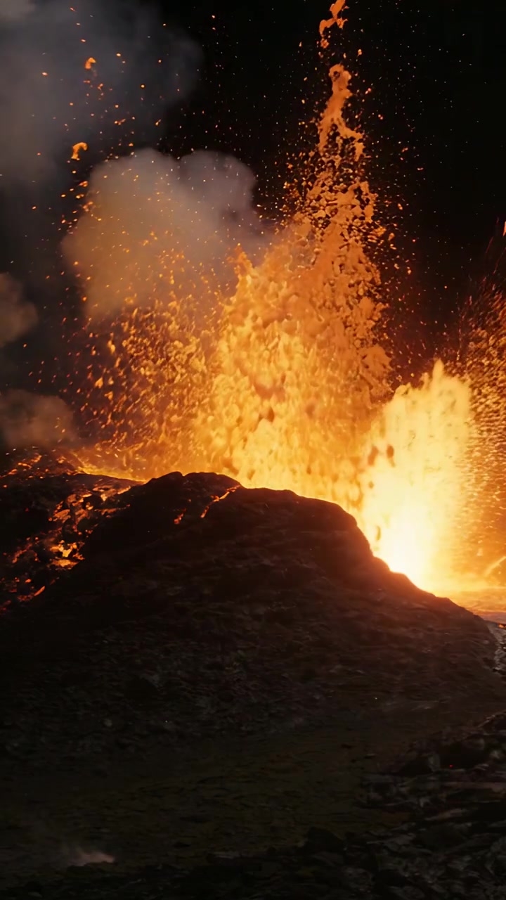 Vertical video: Releasing gas, lava fountain shooting molten droplets and ash at rim rising smoke