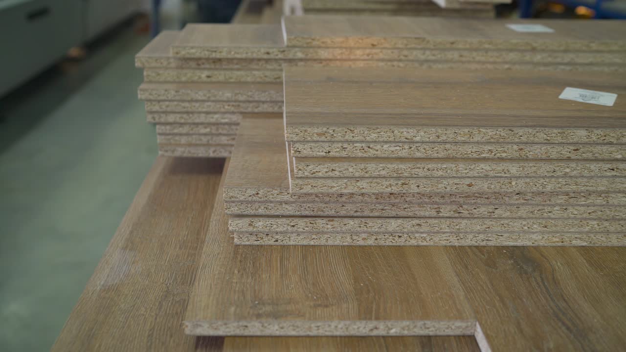 Fiberboard at a furniture factory. Boards at the factory close-up. Fragment of a wooden panel made of fiberboard in workshop. Medium Density Fiberboard MDF . Woodworking industry and furniture assembly concept.
